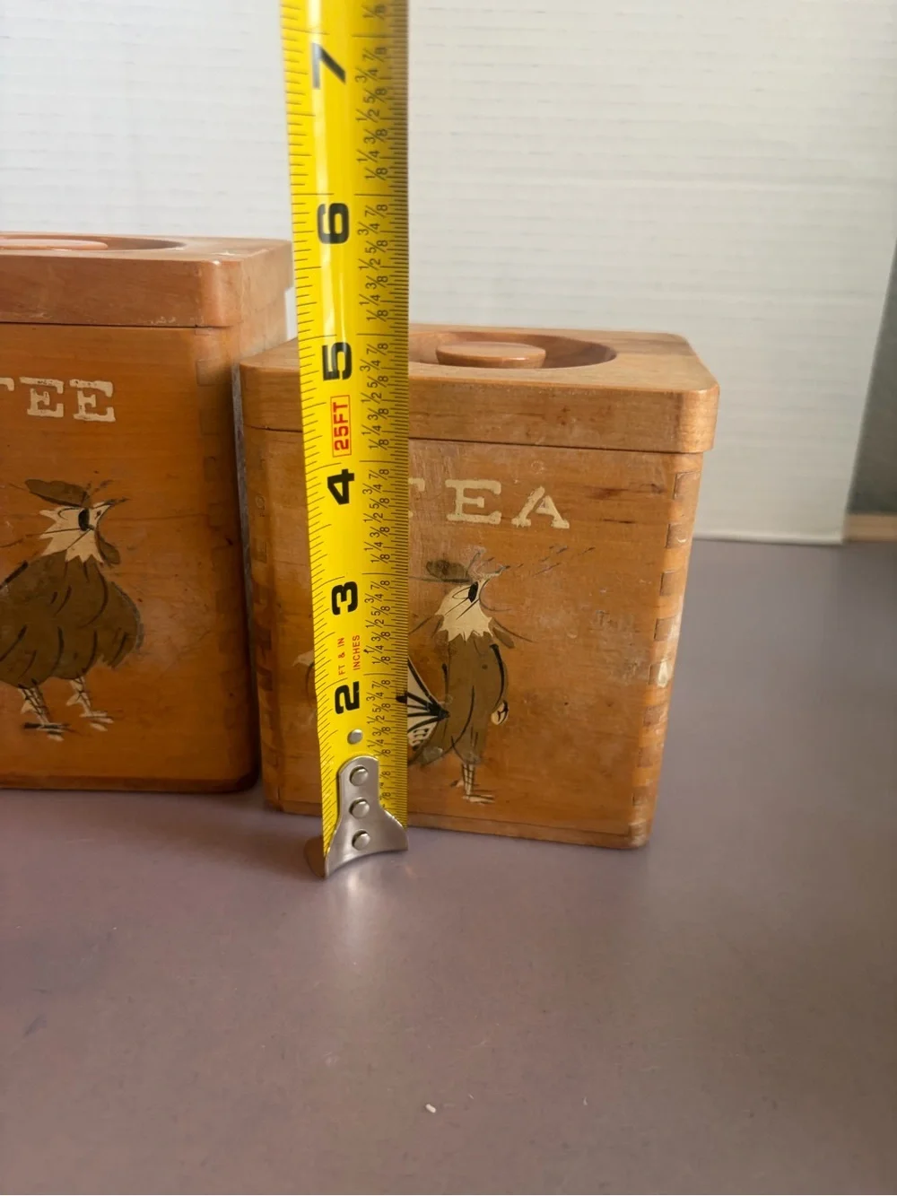 Vintage Wooden Sugar & Coffee Canister Set with Rooster Motif - Brown